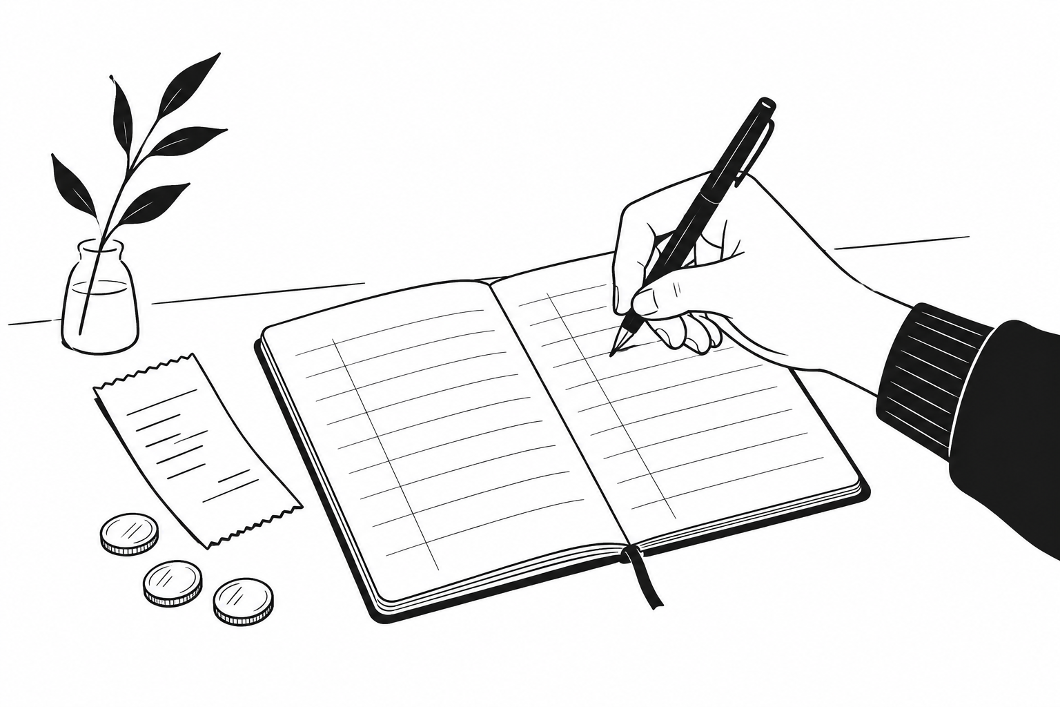 在账本里记下一笔开支，身旁放着收据与硬币