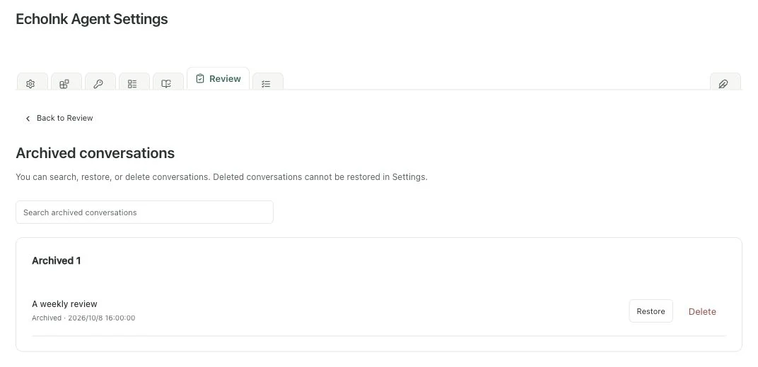 Archived conversations, with Review, search, and Restore marked