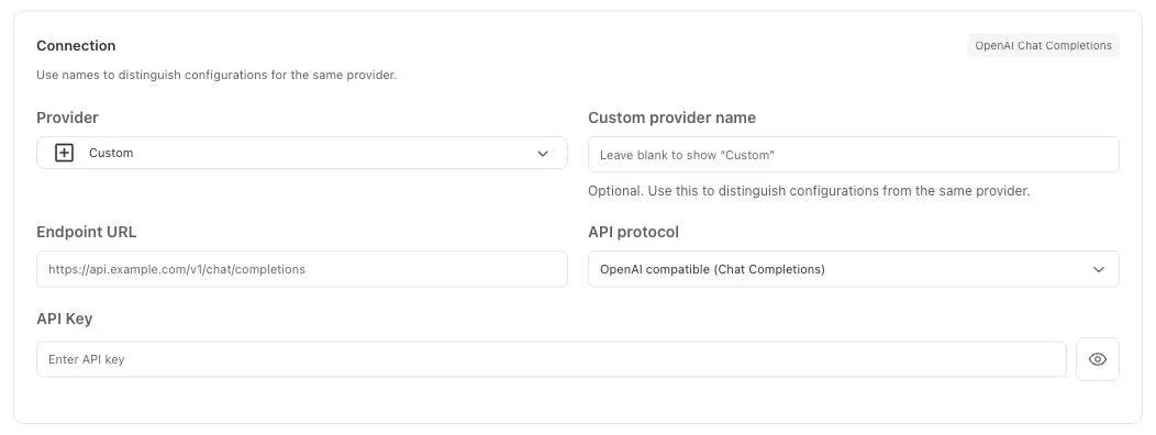 Model connection settings, with the provider, API key, and custom endpoint marked
