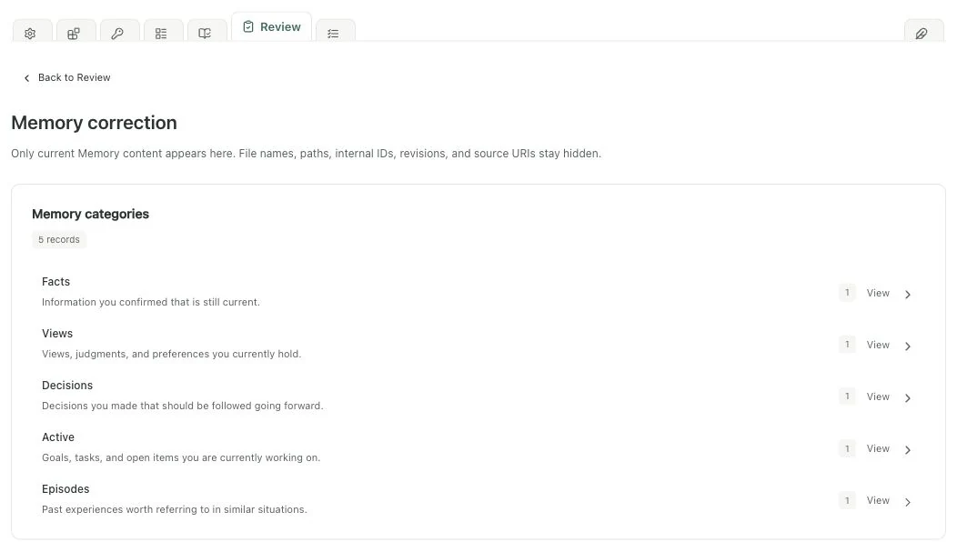 Memory correction, with the Review tab and category View actions marked