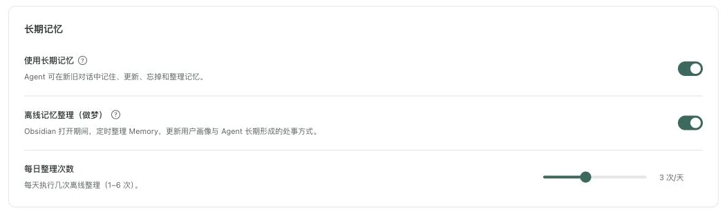 长期记忆设置,标出记忆开关、自动整理开关和每日整理次数